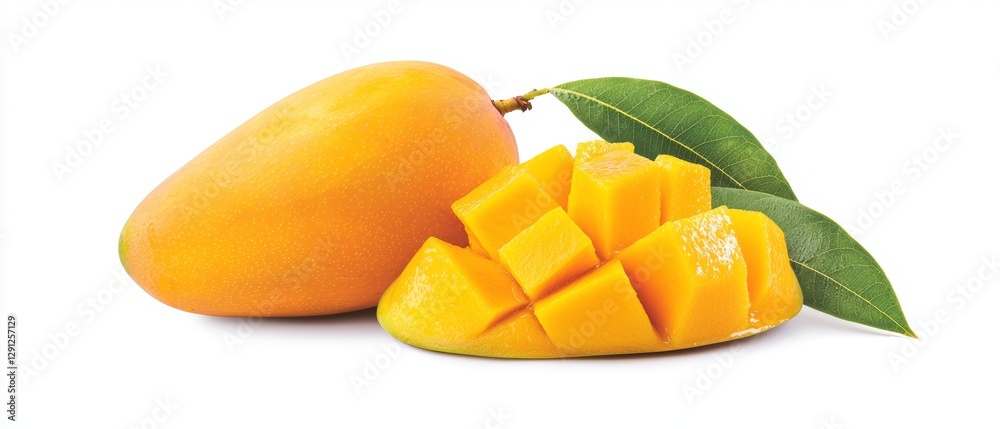 Fototapeta premium Golden mango tropical natural juicy sun-kissed ripe sweet succulent bright rich organic fresh paradise yellow-orange delicious hydrating revitalizing vitamin-packed perfect ripeness orchard-picked
