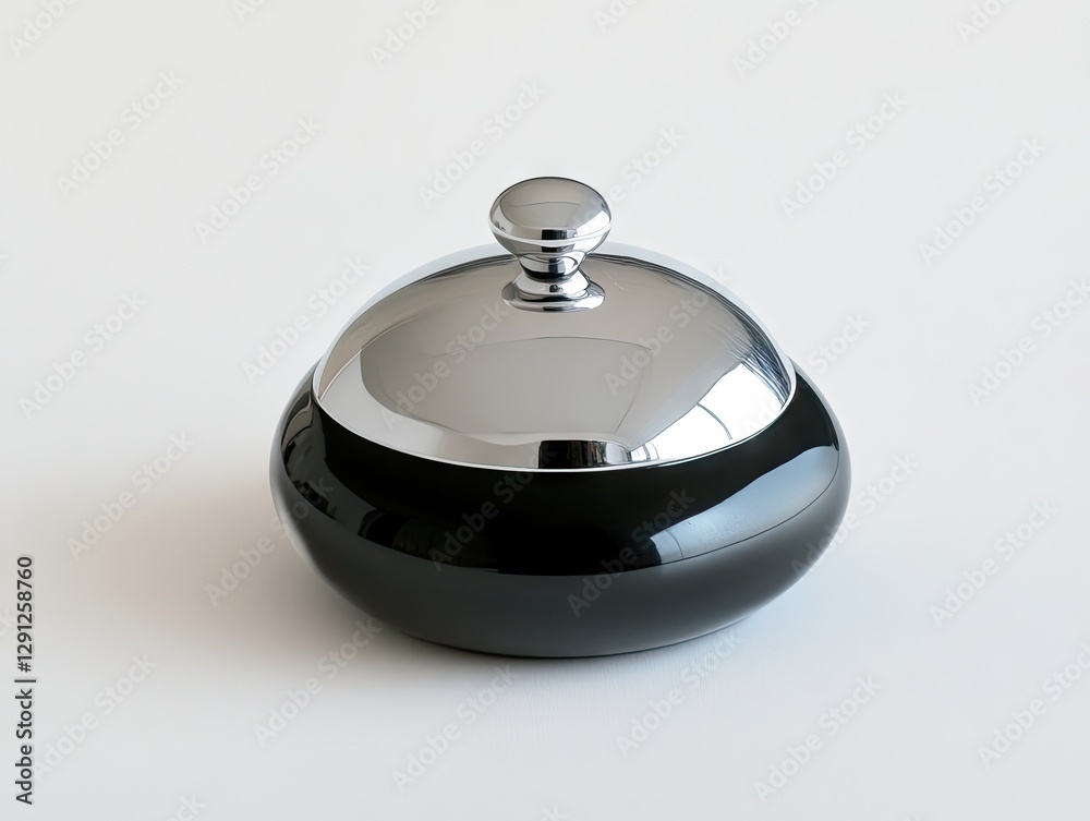 Black ceramic bowl with chrome lid on white background Black ceramic bowl with chrome lid on white background