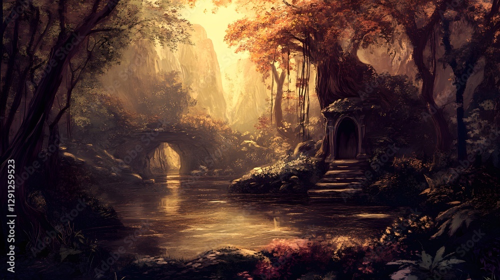 Obraz premium Autumnal Forest Scene with Stone Structure and River