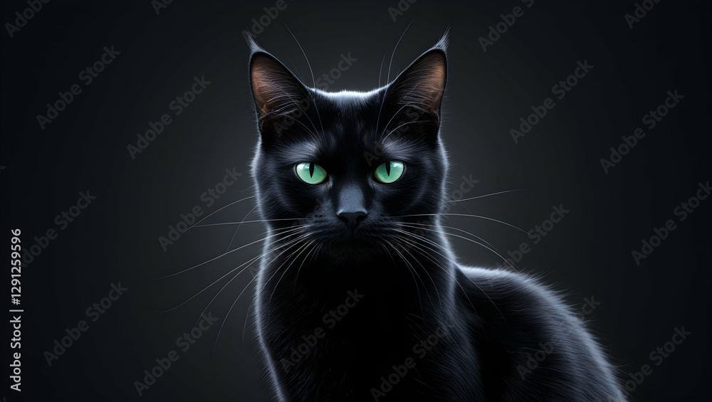Obraz premium Black cat with piercing green eyes stares directly at the viewer against a dark background.