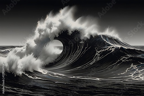Dark storm clouds shroud the abstract texture of a black and white stormy sea wave