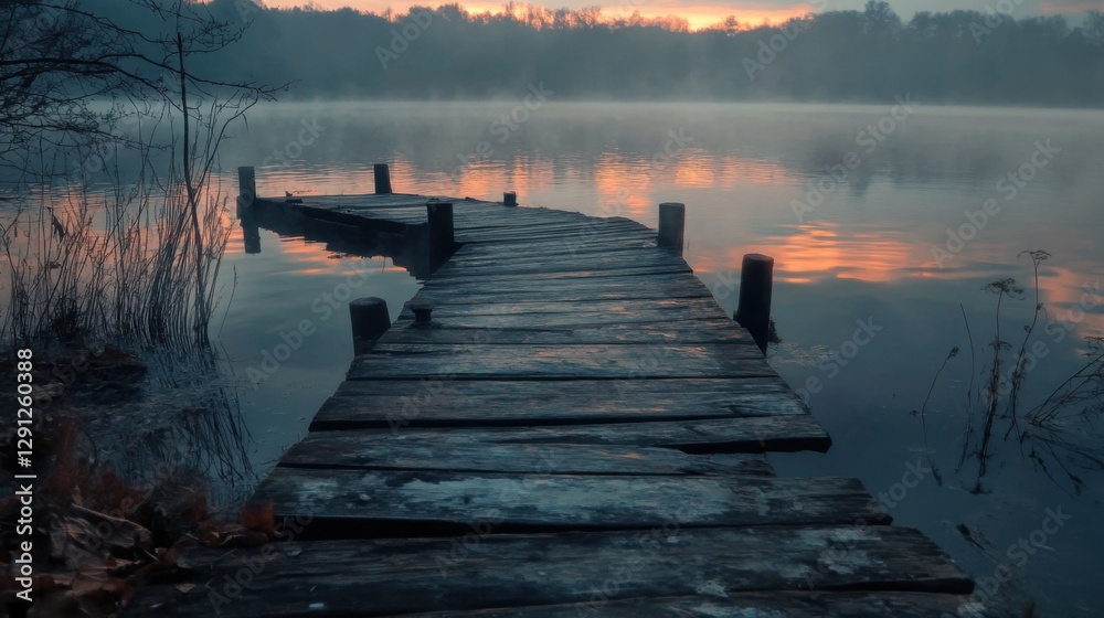 Obraz premium serene sunrise over misty lake with wooden dock