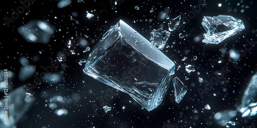 Broken glass close-up, shooting, broken glass in the air, explosion, debris, sharp, commercial, poster, backpicture, advertisement, wallpaper, background, sports, studio level shooting