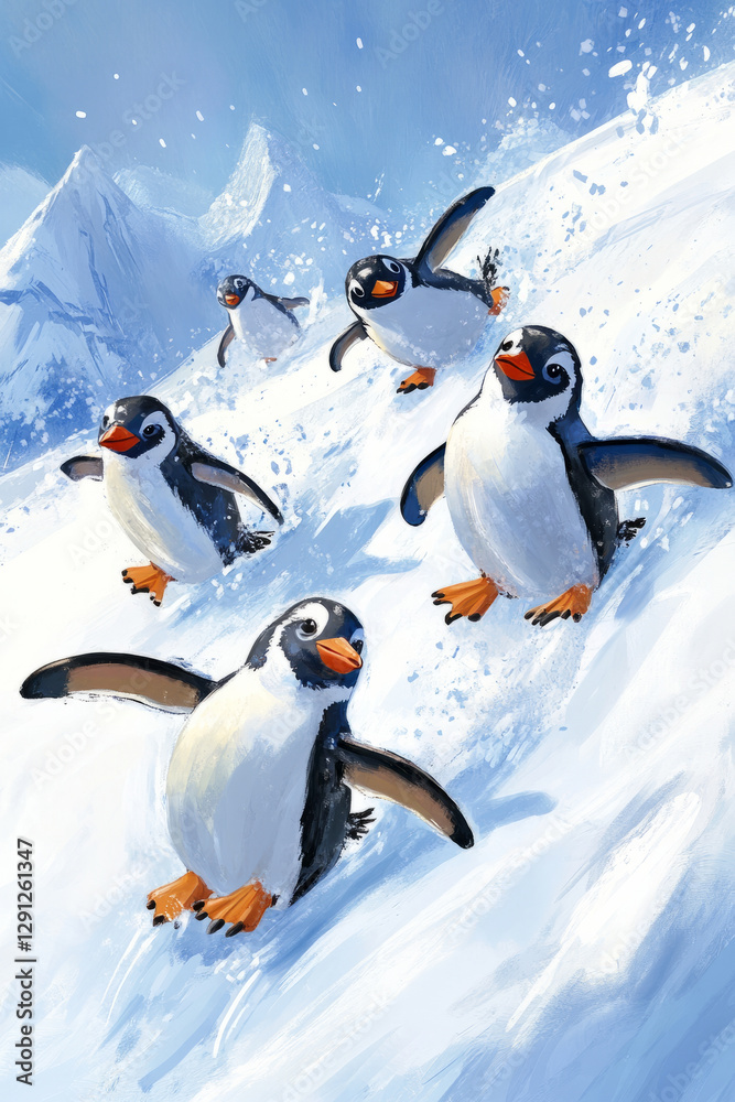 Fototapeta premium Illustration of a group of playful penguins sliding down an icy slope in Antarctica. The cold, snowy landscape contrasts with the bright, cheery expressions of the penguins, capturing the charm and
