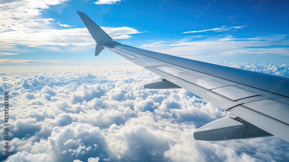 Obraz premium The wing of an airplane gliding over a thick cloud cover, with distant continents visible below, symbolizing a flight over international boundaries.