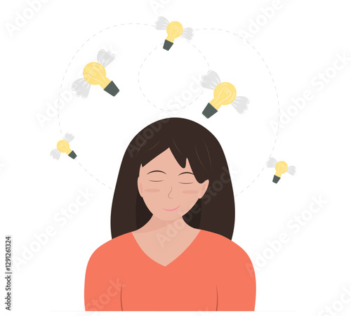 Woman finding ideas, inspiration, overthinking the creative idea, creativity, business concept, flat vector illustration