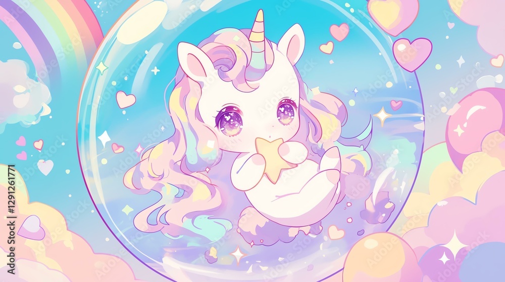 A cute unicorn floating in a bubble, surrounded by pastel colors and whimsical hearts. A cute unicorn floating in a bubble, surrounded by pastel colors and whimsical hearts.