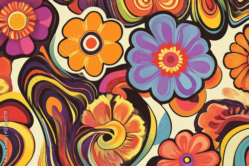 Illustration of a funky retro inspired pattern featuring stylized paisley swirls, bright pop art flowers, and wavy psychedelic lines in warm 1970s tones. The vibrant, vintage aesthetic is bold and eye