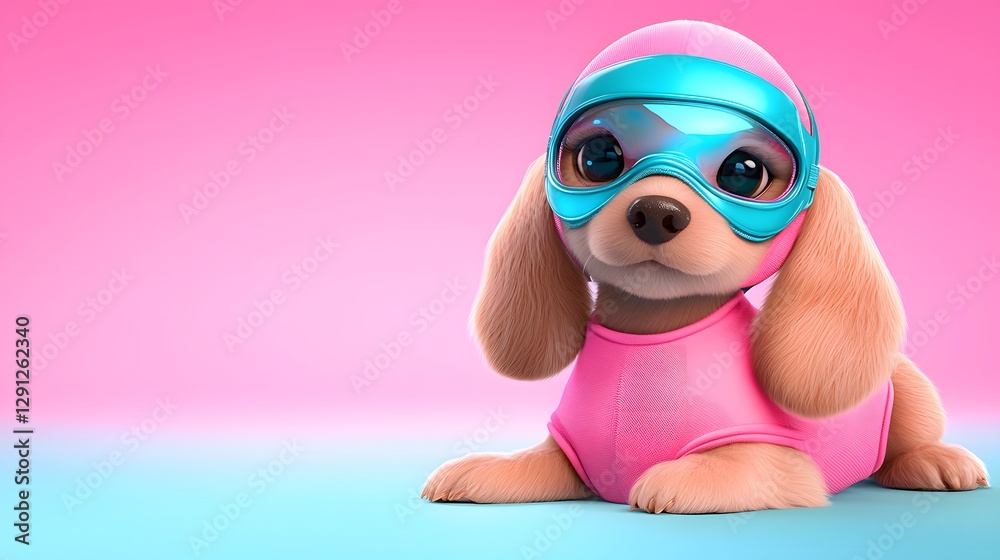 Fototapeta premium Adorable Tan Puppy in Pink and Blue Outfit on Gradient Background