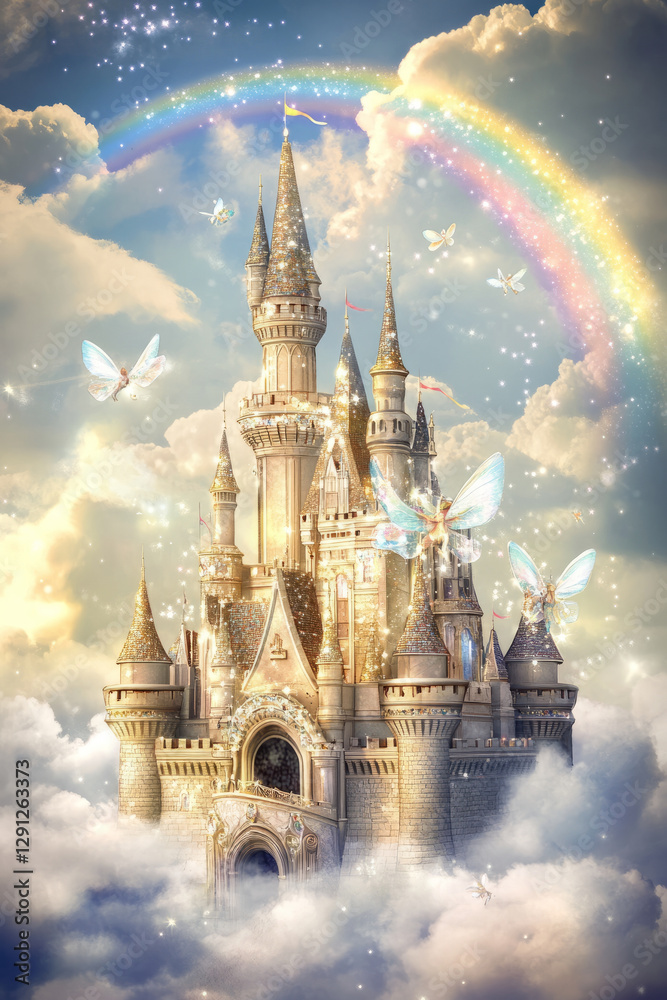 Naklejka premium Illustration of a magical castle in the clouds, with sparkling turrets and a rainbow arching across the sky. Little fairies fly around the castle, and the overall scene is playful and enchanting,
