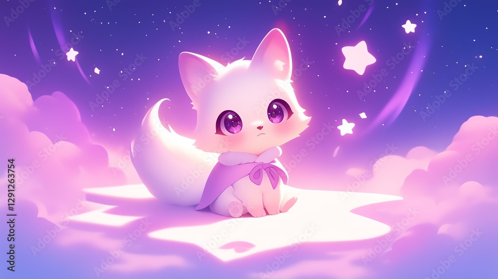 Cute animated fox sitting on a cloud under a starry night sky. Cute animated fox sitting on a cloud under a starry night sky.