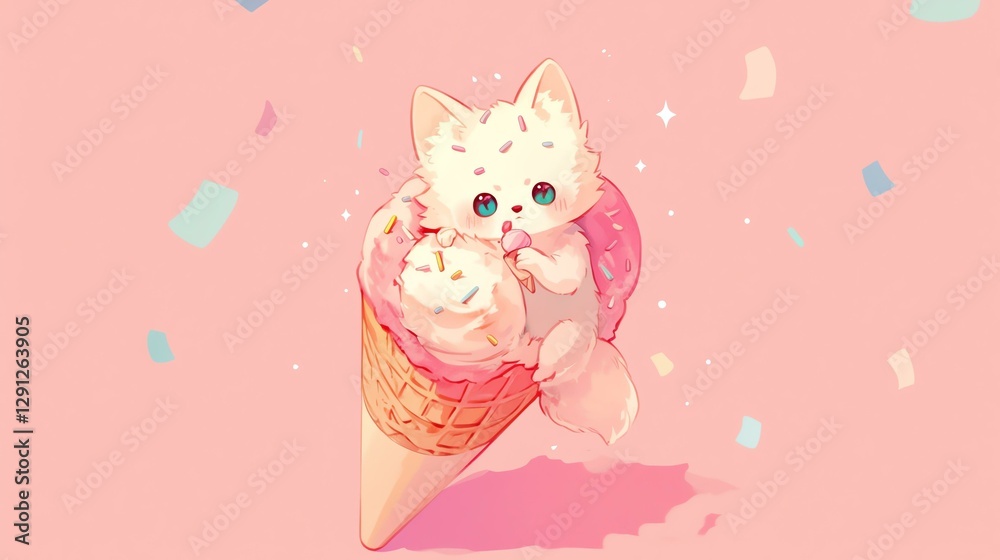 A cute illustration of kittens in an ice cream cone against a playful pink background. A cute illustration of kittens in an ice cream cone against a playful pink background.