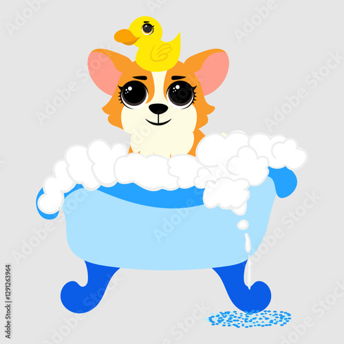 Cute corgi enjoying a bubble bath in a blue tub, holding a yellow rubber duck. The fluffy puppy surrounded by foam is perfect for pet grooming designs, greeting cards, stickers