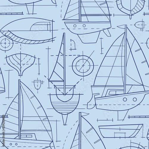 Seamless pattern with hand drawn sailboat blueprint. Sailing ship vector sketch design. Perfect for textile, wallpaper or print design. EPS10 vector file.	