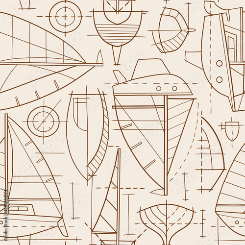 Seamless pattern with hand drawn sailboat blueprint. Sailing ship vector sketch design. Perfect for textile, wallpaper or print design. EPS10 vector file.	