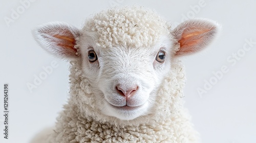 Adorable close-up portrait of a fluffy lamb with big bright eyes against a soft white backdrop
