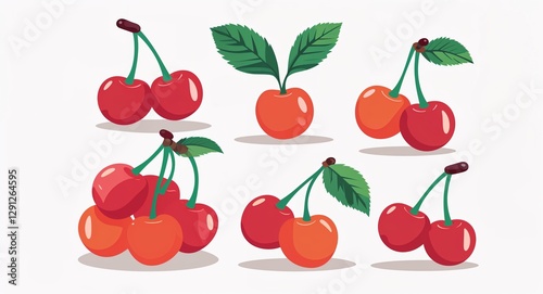 Set bundle of cherries minimalist childish style illustration on plain white background