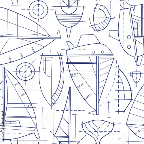 Seamless pattern with hand drawn sailboat blueprint. Sailing ship vector sketch design. Perfect for textile, wallpaper or print design. EPS10 vector file.	