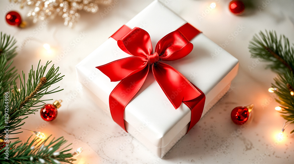 white gift box with a red ribbon surrounded by festive decor white gift box with a red ribbon surrounded by festive decor
