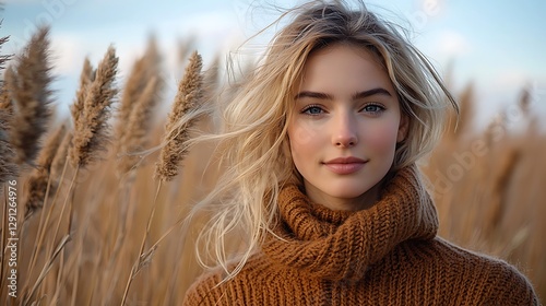 Blonde woman in sweater, field of reeds, outdoors, autumnal