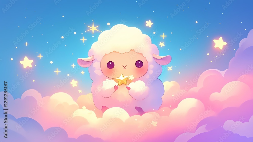 Fototapeta premium A cute animated sheep surrounded by colorful clouds and sparkling stars.