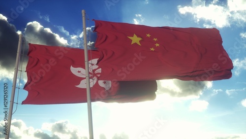 Photography Hong Kong and China flag on flagpole