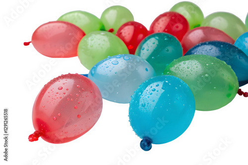 Realistic, glossy water balloons filled with vibrant colored water in red, blue, and green, scattered randomly on a white background.
