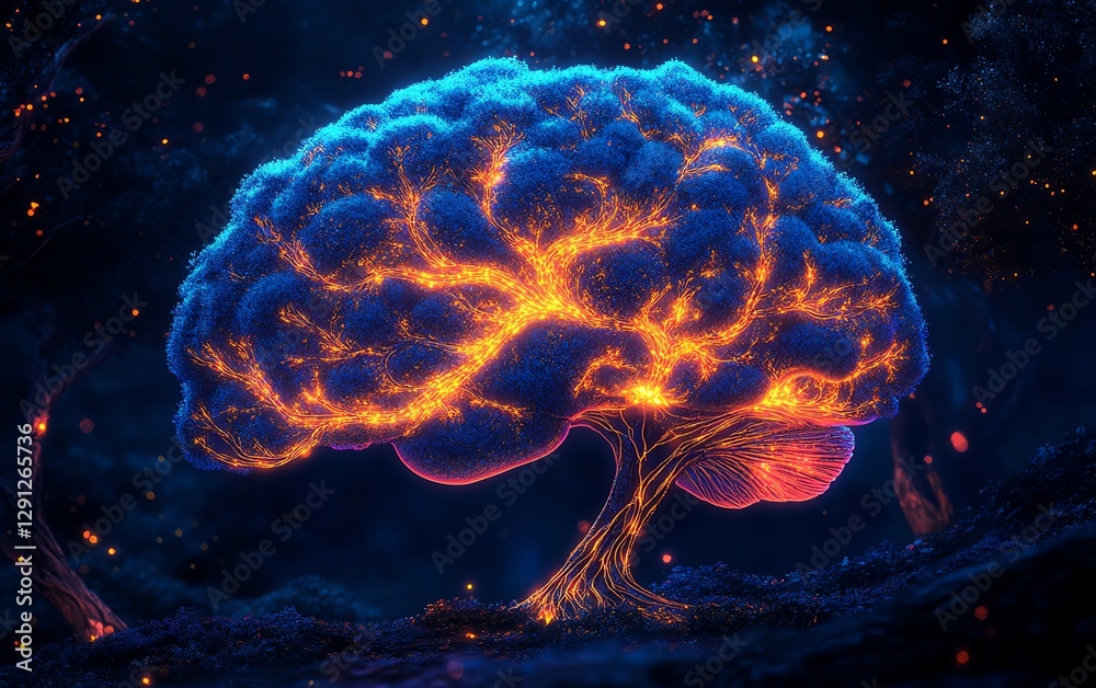 Obraz premium Digital illustration of a human brainshaped tree, concept art, branches resembling neural connections, vibrant colors, surreal design, ultradetailed, Midjourney v6
