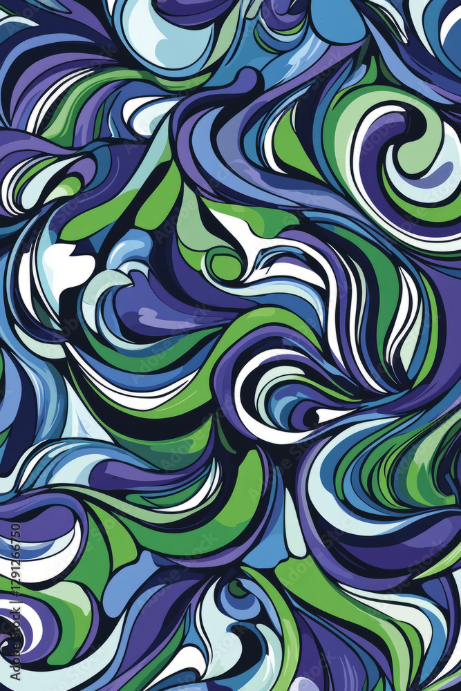 Illustration of a fluid, abstract pattern of swirling lines and waves in shades of blue, green, and purple. The design captures the sense of movement and energy, perfect for creating modern, dynamic Illustration of a fluid, abstract pattern of swirling lines and waves in shades of blue, green, and purple. The design captures the sense of movement and energy, perfect for creating modern, dynamic