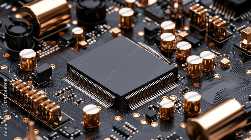 Close-up circuit board with black chip Close-up circuit board with black chip