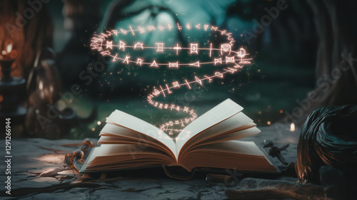 Magical Spellbook Glowing in Forest with Mystical Lighting and Enchanted Pages