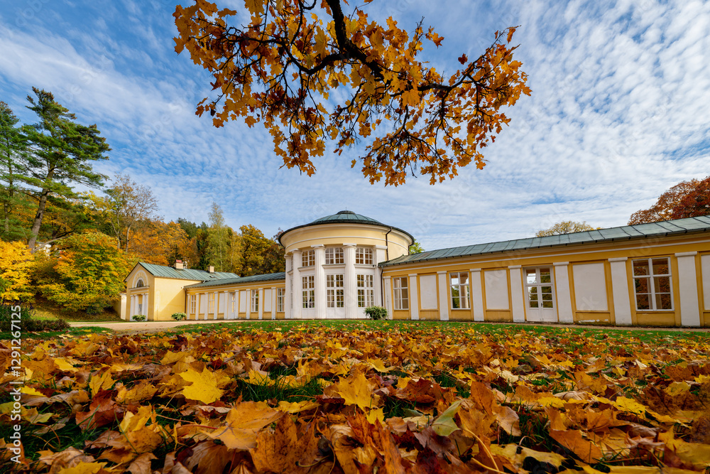 Spa architecture - colonnade of cold mineral water spring Ferdinand - autumn in the park of great spa town Marianske Lazne (Marienbad) in the western part of the Czech Republic (region Karlovy Vary)