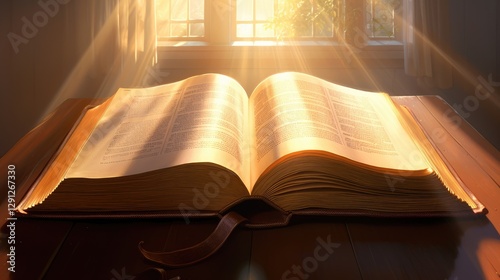 Open Bible with Heavenly Light, Spiritual Glow, Divine Inspiration, Generative Ai
