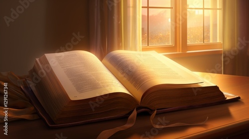 Open Bible with Heavenly Light, Spiritual Glow, Divine Inspiration, Generative Ai