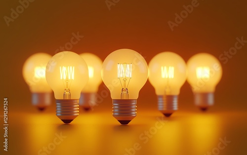 Five light bulbs in a straight line, glowing softly on a bright yellow background, energy cost increase concept, clean, sharp focus, ultrarealistic textures, Midjourney v6
