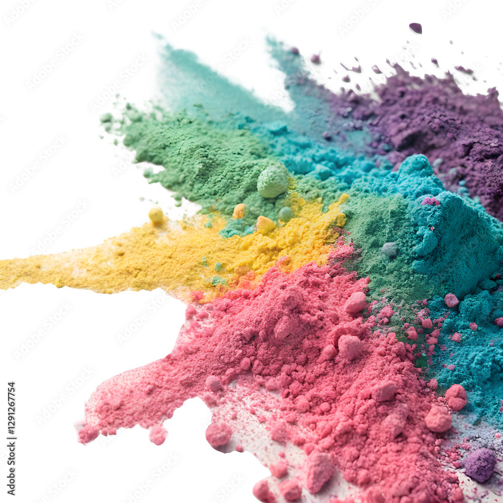 Obraz premium Close-up of colorful Holi powder bursting in mid-air, showcasing fine particles in shades of pink, blue, yellow, green, and purple, isolated on a white background. 