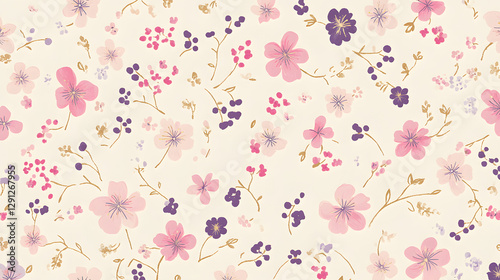 Design an elegant pattern featuring small, colorful flowers in shades of pink and purple on a cream background
