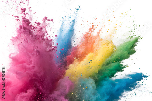 Close-up of colorful Holi powder bursting in mid-air, showcasing fine particles in shades of pink, blue, yellow, green, and purple, isolated on a white background.

