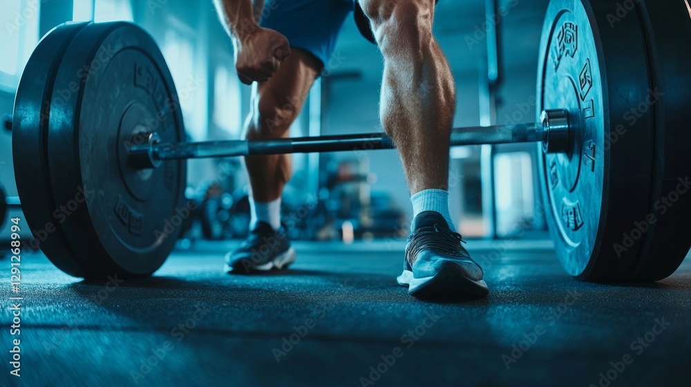 A man exerts effort while lifting a hefty barbell, showcasing strong hands and focused determination in a vibrant fitness facility filled with natural light A man exerts effort while lifting a hefty barbell, showcasing strong hands and focused determination in a vibrant fitness facility filled with natural light
