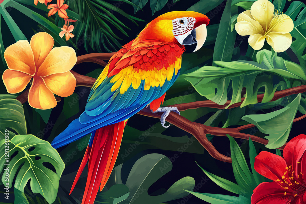 Illustration of a colorful parrot perched on a branch, surrounded by tropical flowers and vines. The bright, vivid colors of the parrot feathers stand out against the lush greenery, creating an exotic Illustration of a colorful parrot perched on a branch, surrounded by tropical flowers and vines. The bright, vivid colors of the parrot feathers stand out against the lush greenery, creating an exotic
