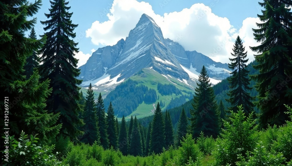 Obraz premium Dense forest with tall trees surrounding a mountain peak, nature scenery, trees landscape