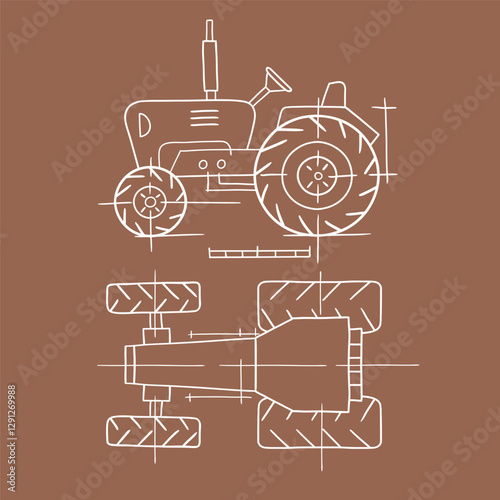 Hand drawn vector tractor blueprint illustration. Heavy vehicle sketch design. EPS10 vector file.	