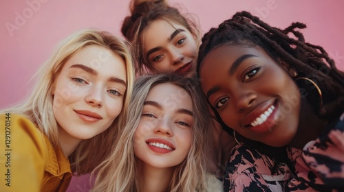 friends selfie pink background diverse women