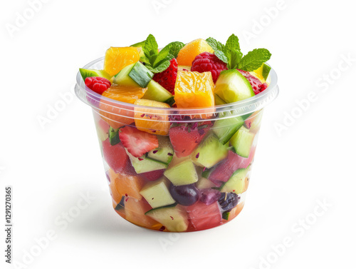 Vibrant fruit salad with strawberries, kiwi, and mango in a clear plastic cup container, isolated on white.