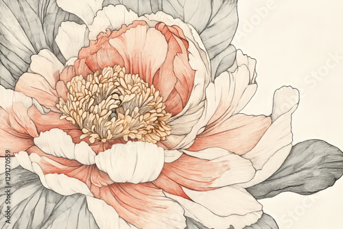 A detailed, vintage style botanical illustration of a blooming peony, with carefully shaded petals and fine linework that mimic classic scientific drawings.
