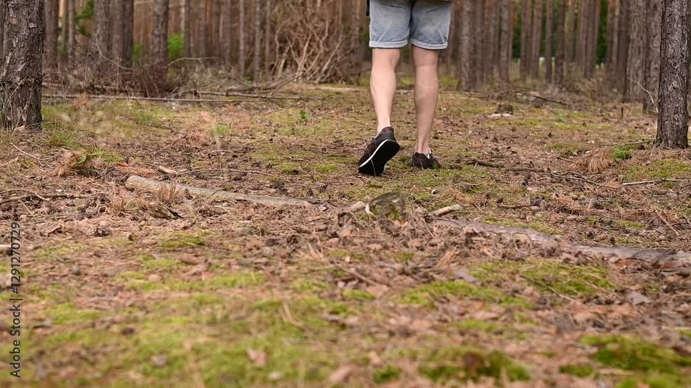 A man walks along a path between pine trees A man walks along a path between pine trees