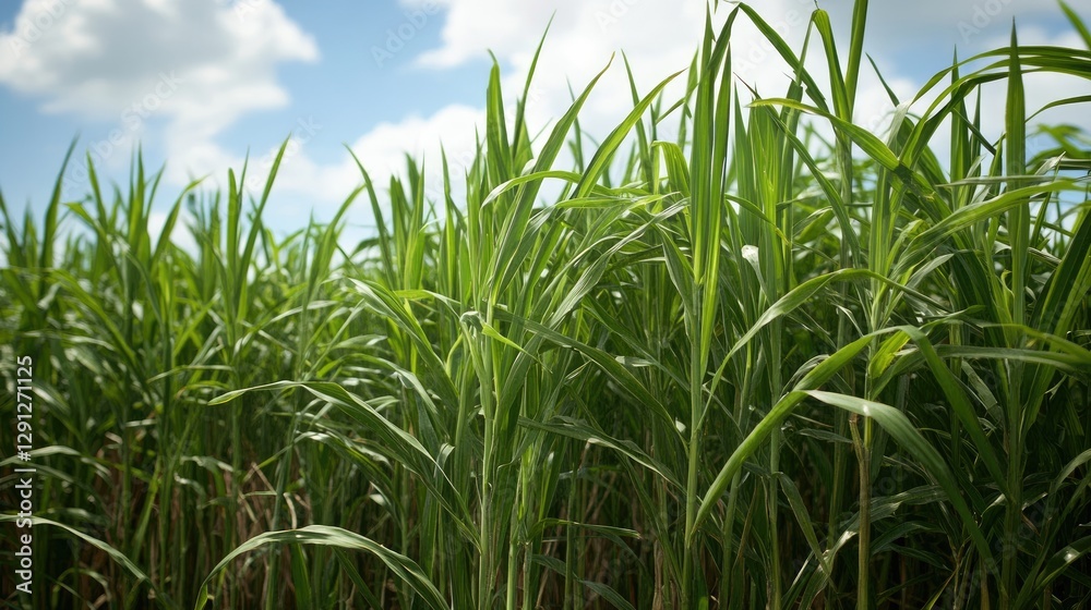 Obraz premium A dense field of tall sugarcane stalks with long green leaves swaying gently, capturing the essence of tropical agriculture.