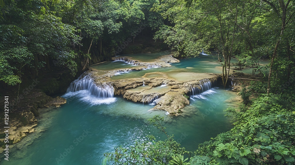 Naklejka premium Serene Turquoise Waterfall Oasis in Lush Tropical Forest