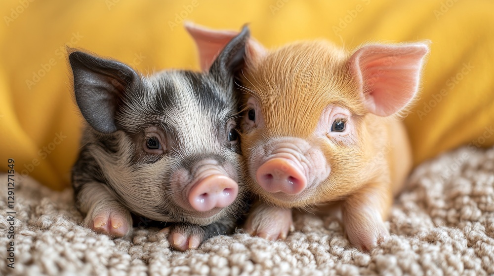 Two adorable piglets cuddling on a soft blanket with a vibrant yellow backdrop showcasing their playful innocence.