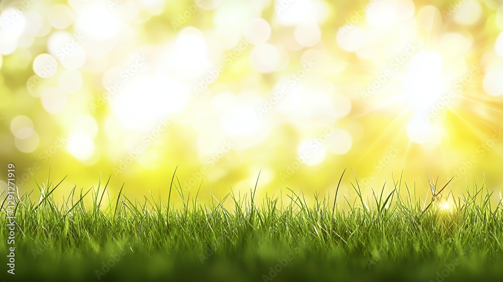 Fototapeta premium Bright Sunlight on Dewy Green Grass Field